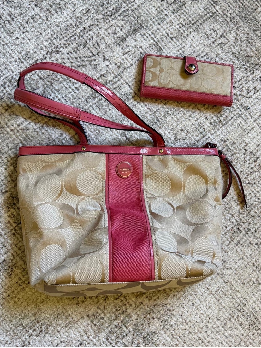 Coach Beige Signature Canvas Tote with Pink Leather Trim and Wallet